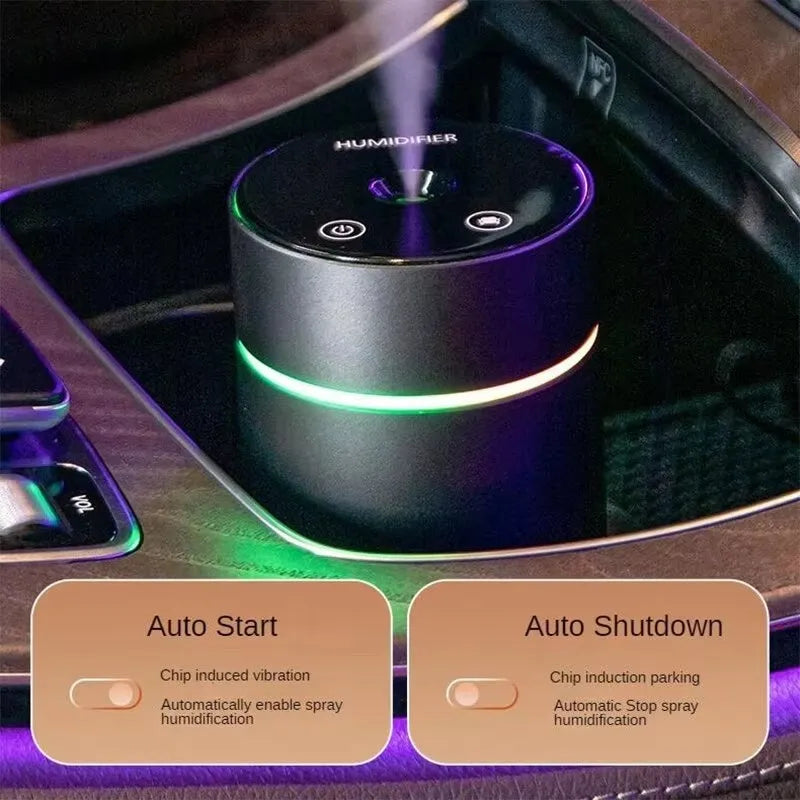Black aluminium car humidifier with 260ml water tank and USB cable for vehicle or office use