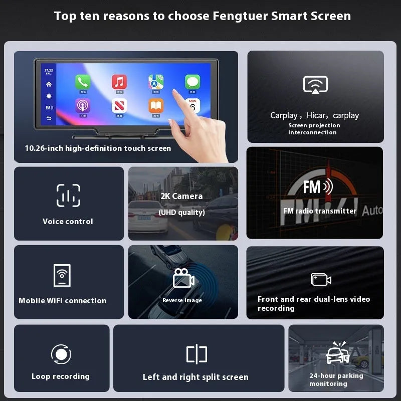 10-inch black car smart screen with CarPlay display mounted on a car dashboard, showing navigation map.