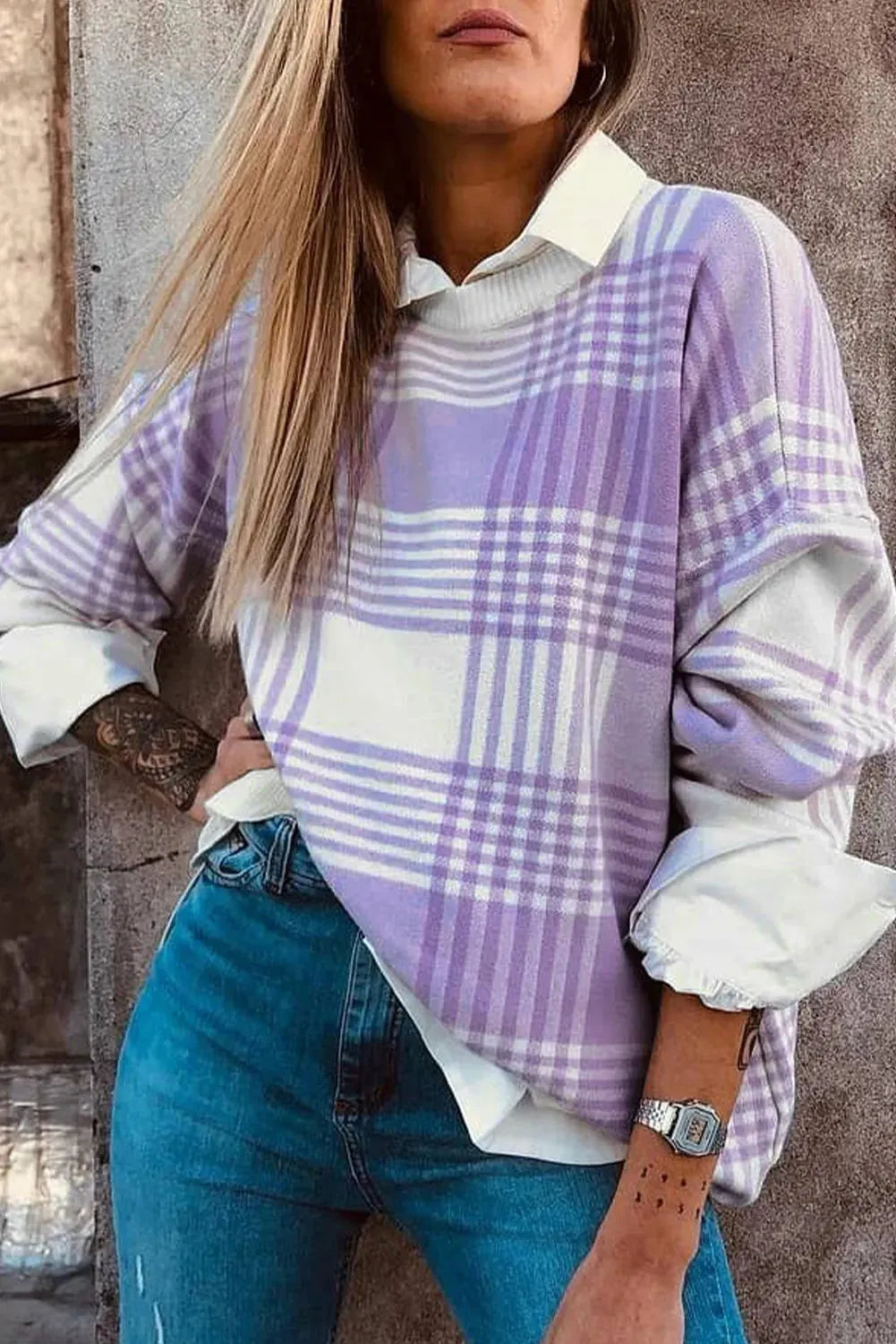 Lilac plaid print loose women's sweater with ribbed trim on long sleeves.