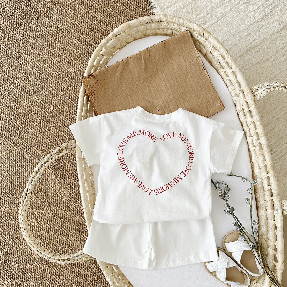 Korean style baby cotton two-piece suit set with heart printing and plaid pattern in white, pink, or grey