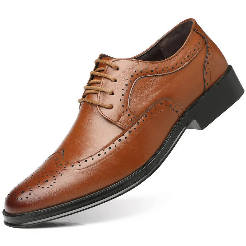 Block carved casual leather shoes for men, low top, first layer cowhide upper, rubber sole, available in multiple colours