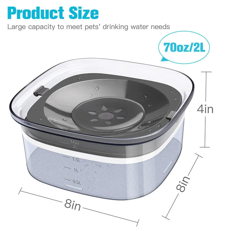 Large transparent pet water bowl with floating slow-feeder disk inside.
