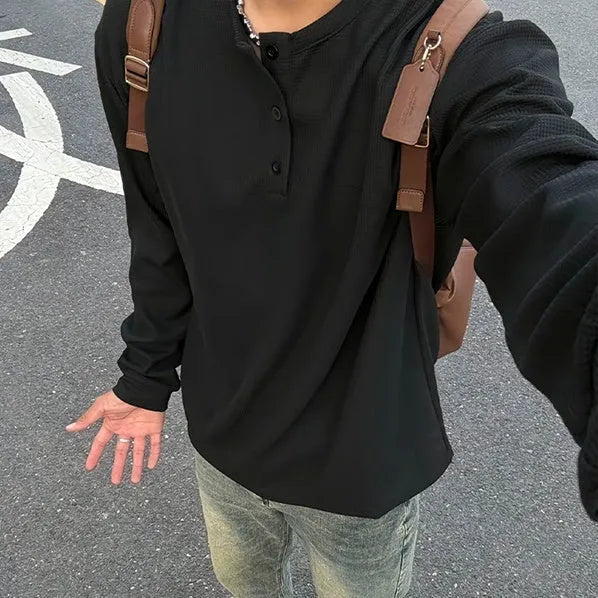 Men's black American Henry collar long-sleeved top loose fit chemical fibre blend pullover solid colour