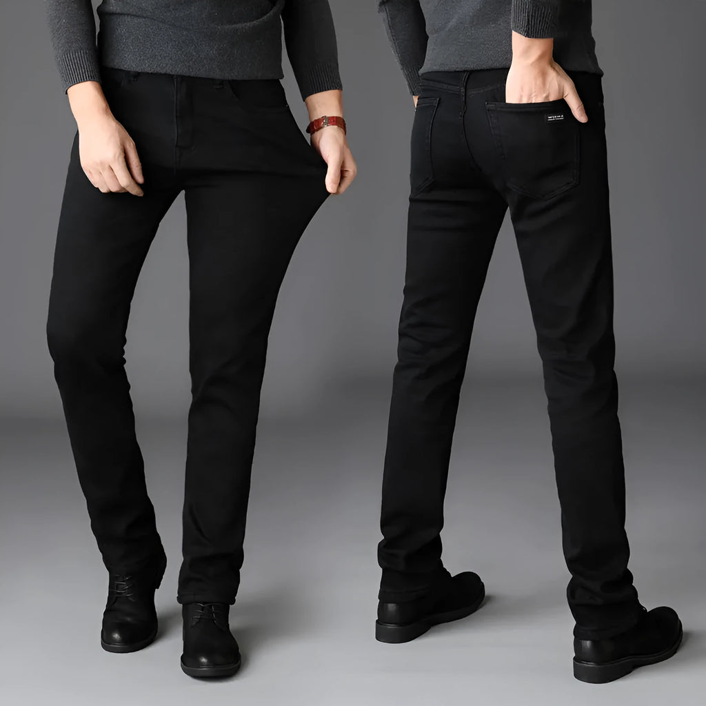 Men's slim straight black denim jeans with mid waist, zip fly and water-washed finish, sizes 28-40