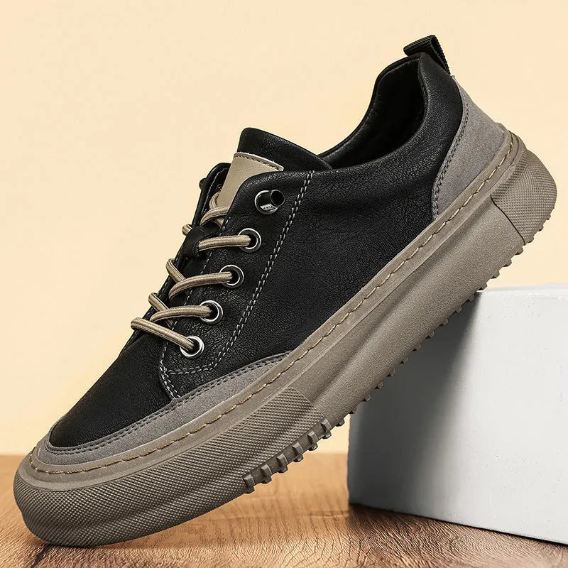 British round toe men's leather casual shoes in black with microfiber upper and rubber sole