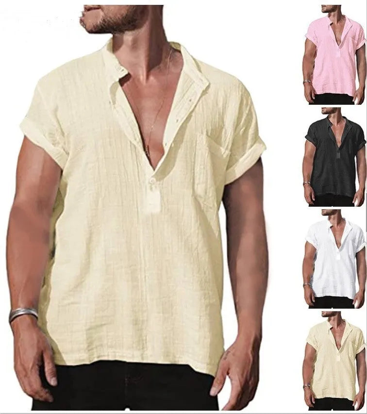 Loose stand neck short sleeve shirt in solid colour with pocket, 80% flax, sizes S-XXXL