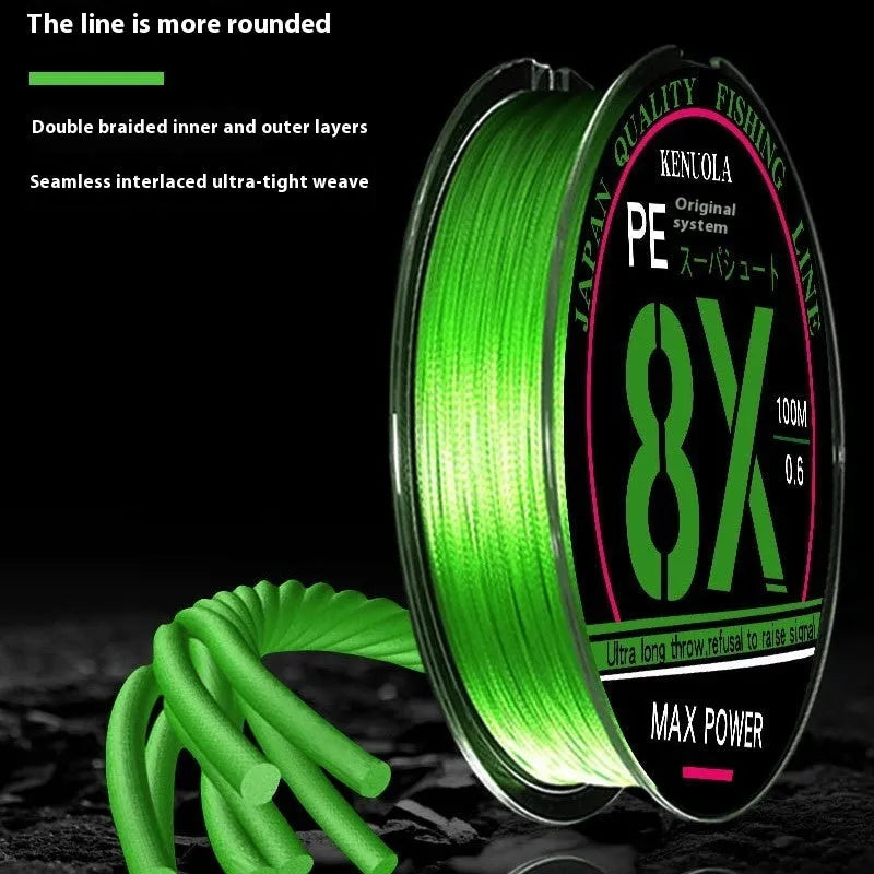Luya Yuantou 8-weave PE braided fishing line 100m spool in green, yellow or multi-colour 10m sections