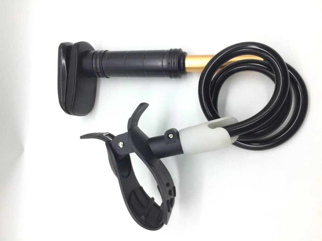 A long, black aluminium alloy ventilator hose bracket for securing medical tubing at a bedside.