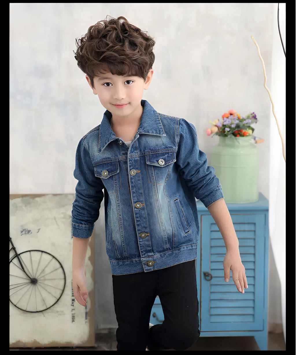 Children's dark blue cotton ripped denim jacket with hood, front view, single breasted style