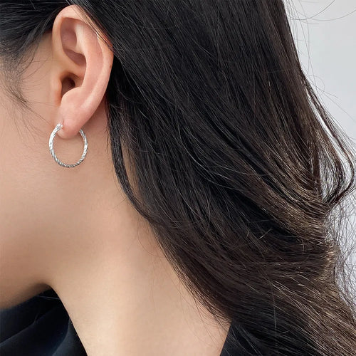 925 silver geometric round clip-on earrings with carved ring design for women Korean style