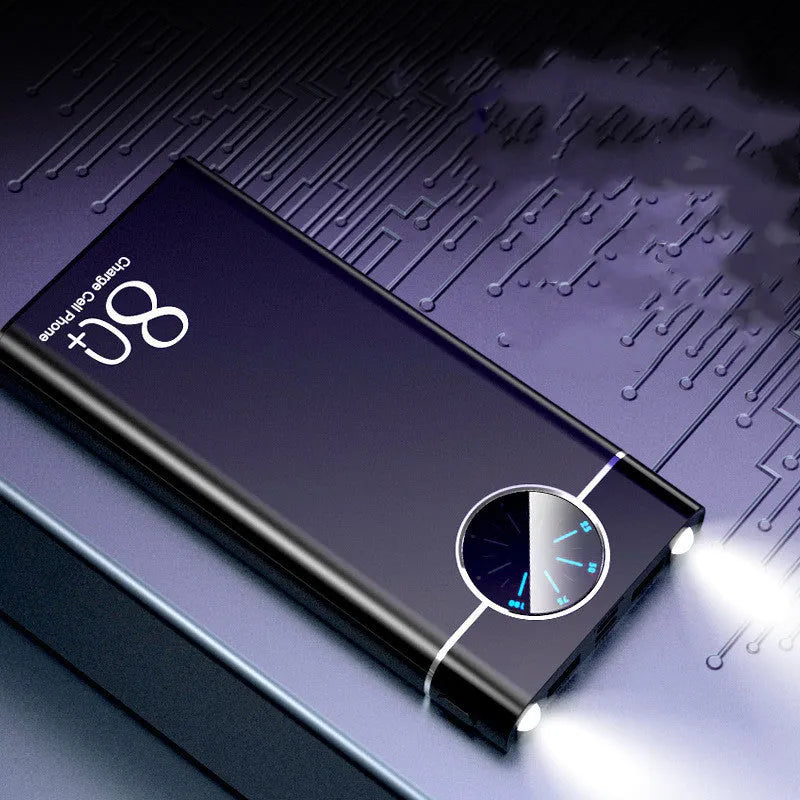 Black fast charging power bank with alloy shell showing LED light and charging ports