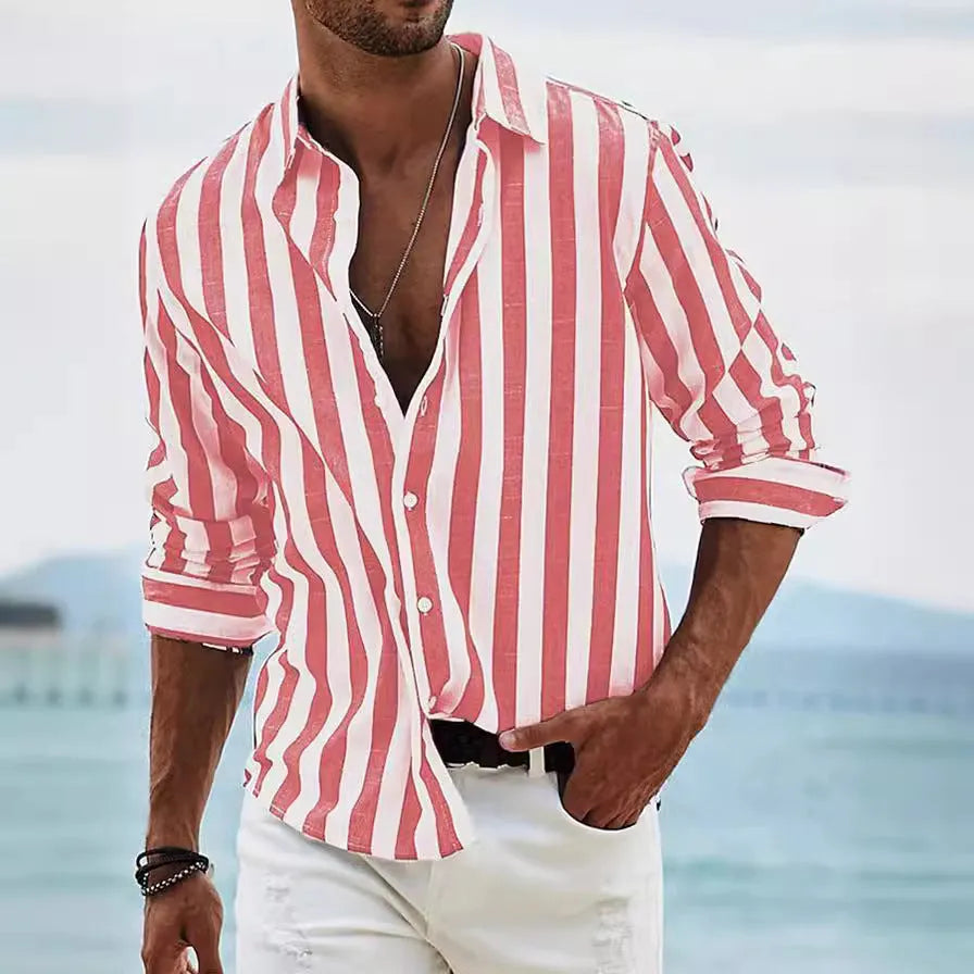 Men's yarn-dyed striped casual shirt with loose fit cardigan style in polyester fabric