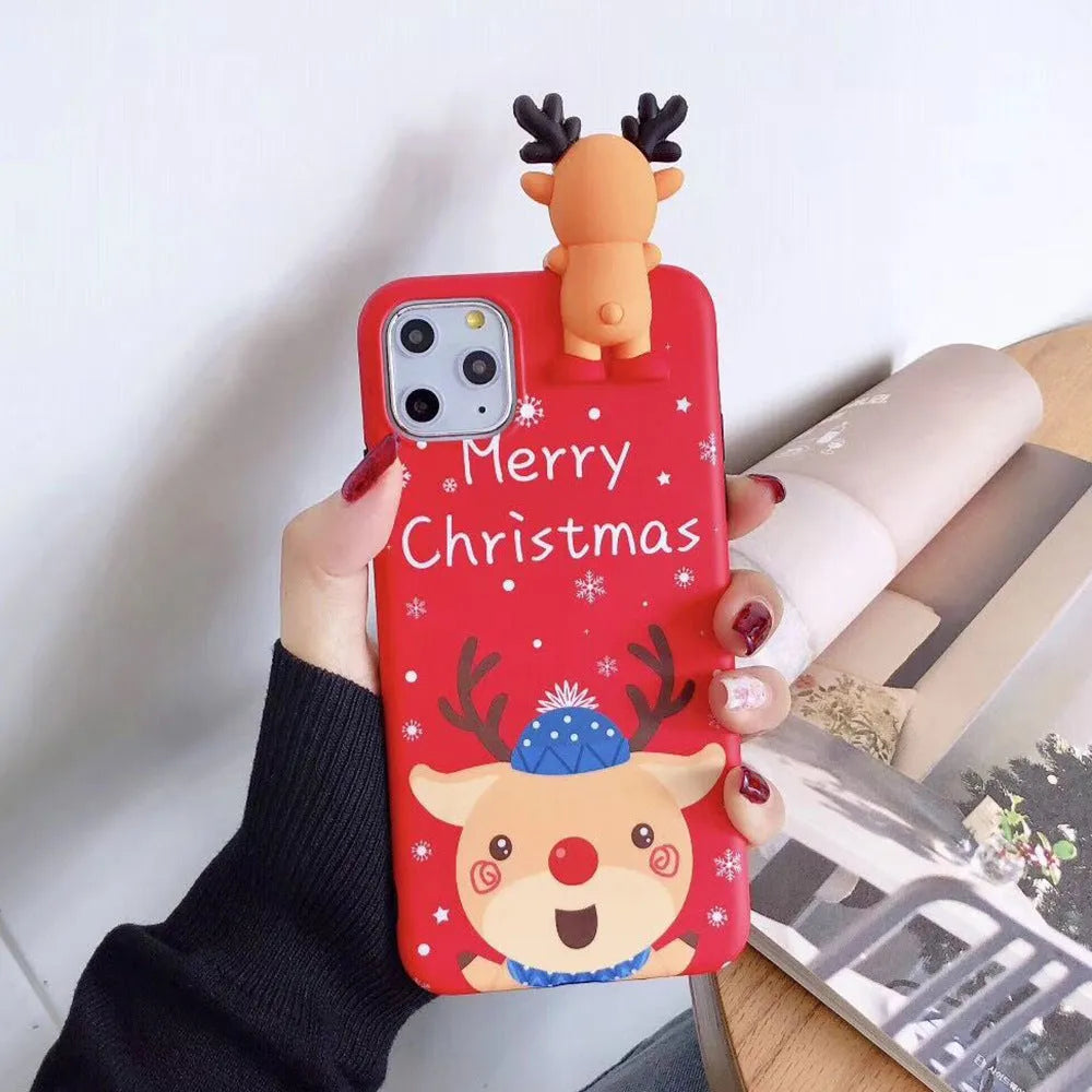 Festive Christmas silicone back cover case for various iPhone models on a red background.