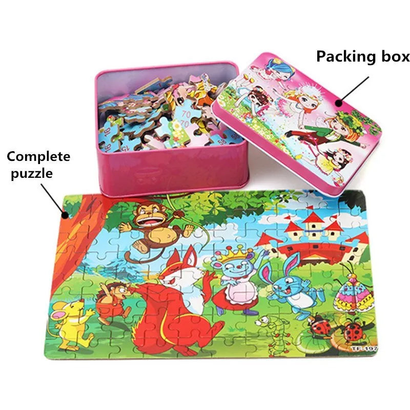 80 piece wooden animal puzzle educational toy set for children in a metal storage box