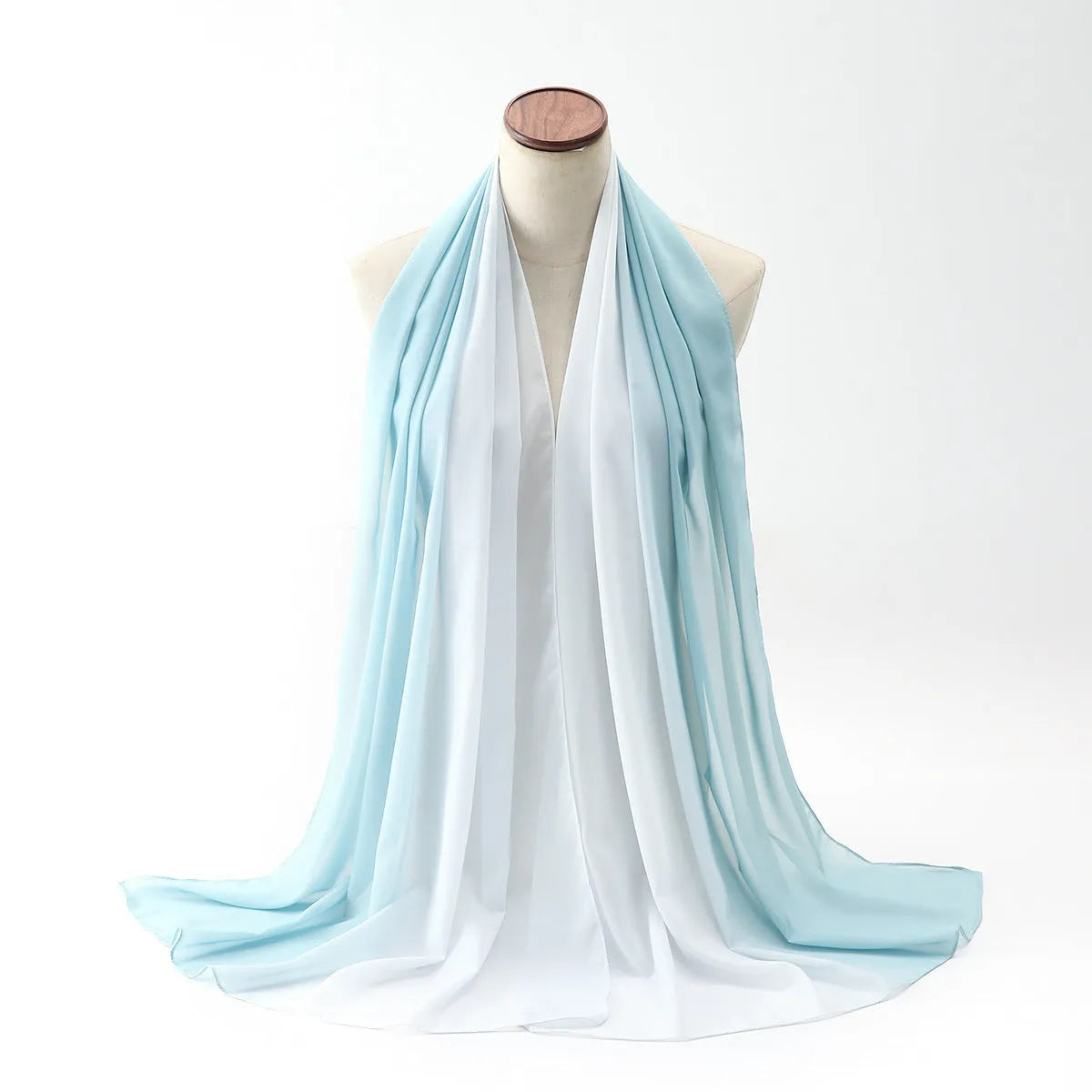 Women's lightweight chiffon scarf in ethnic Pu long style showing draped styling