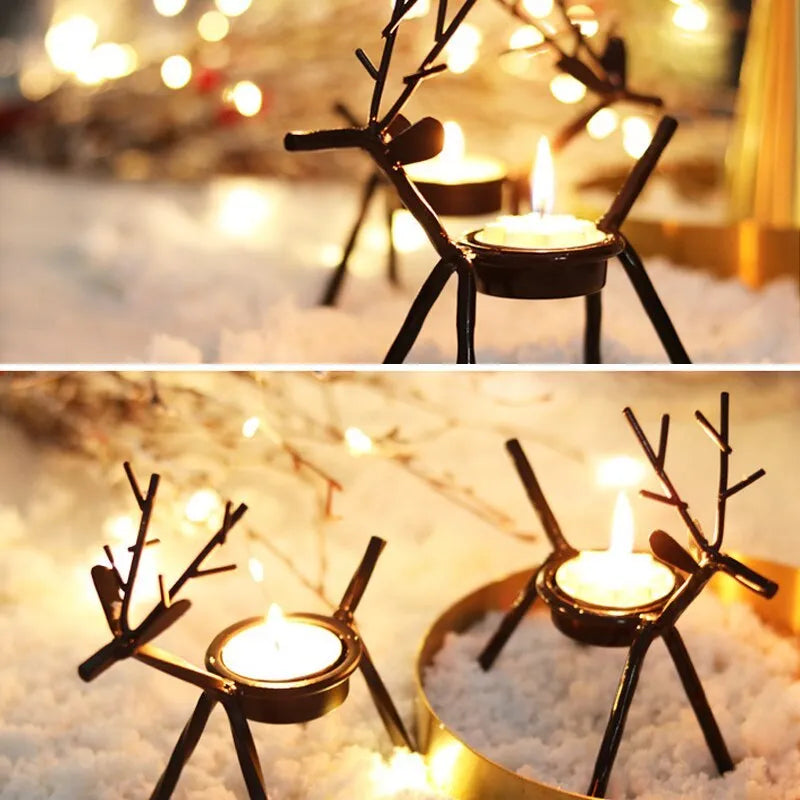 Black iron Christmas deer candlestick holder with elk bracket design for festive decoration