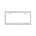 Stainless steel license plate frame with square holes for adhesive acrylic crystals, shown in various colours.