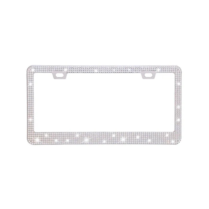 Stainless steel license plate frame with square holes for adhesive acrylic crystals, shown in various colours.