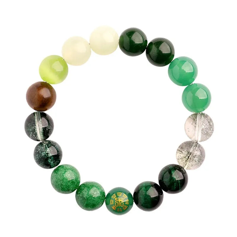 Natural agate balance energy bracelet with traditional symbols in wood gold water fire earth colours
