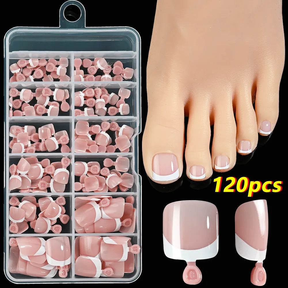 120 French white edge toenail pieces in nine nude shades, short square shape