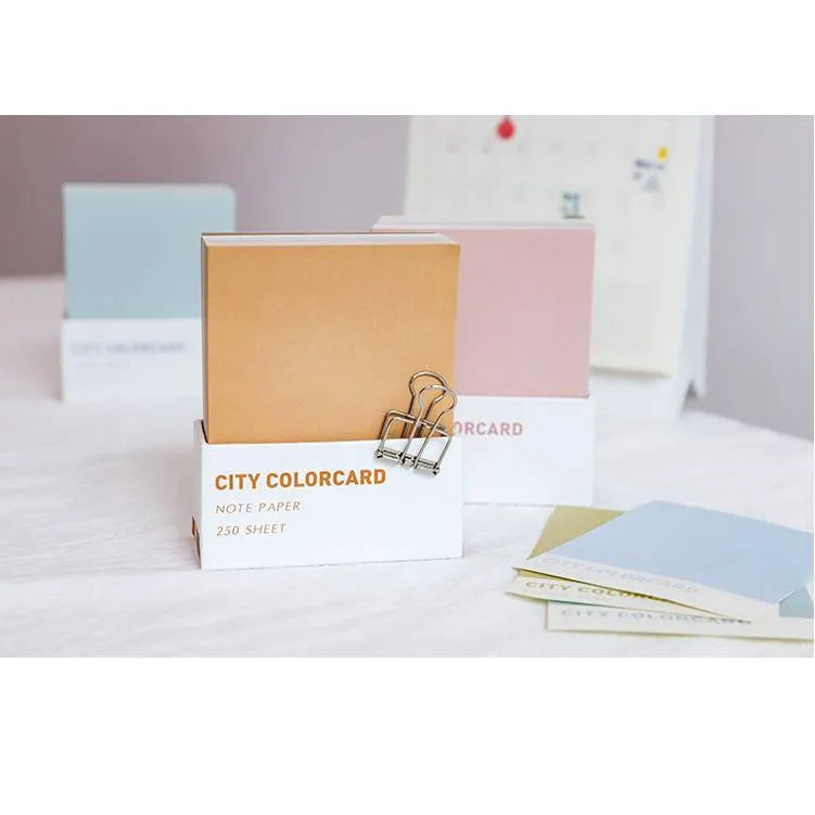 Set of rectangle memo note cards in four city colour styles, showing 75mm by 95mm size.