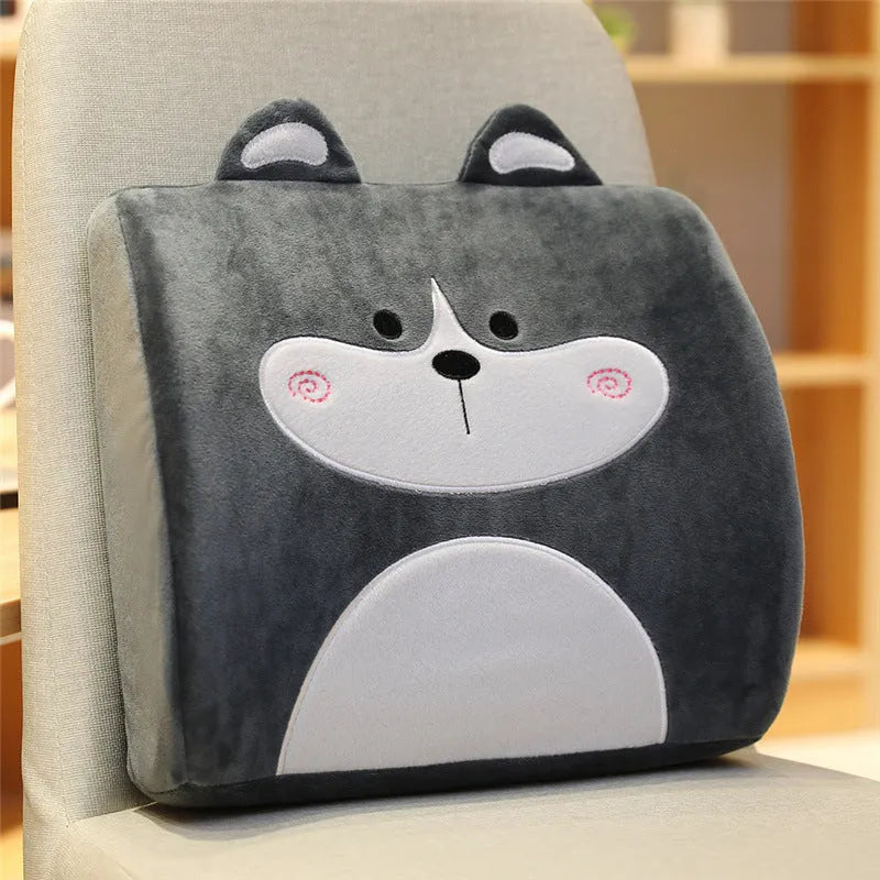 Cartoon character memory foam lumbar support cushion on a car seat, with removable inner core.