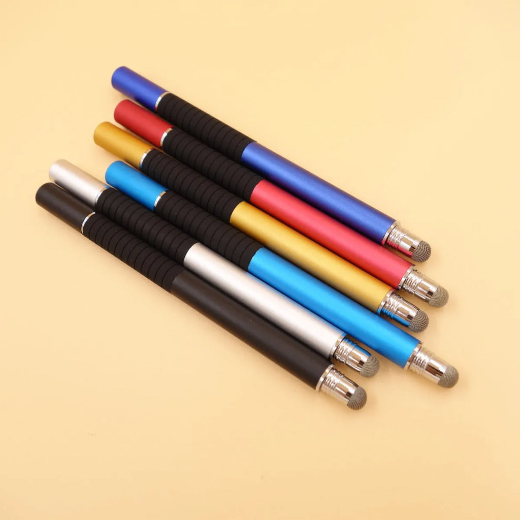 2-in-1 capacitive stylus pen with conductive cloth head and suction cup disc in aluminium barrel, 132mm length, multiple colours