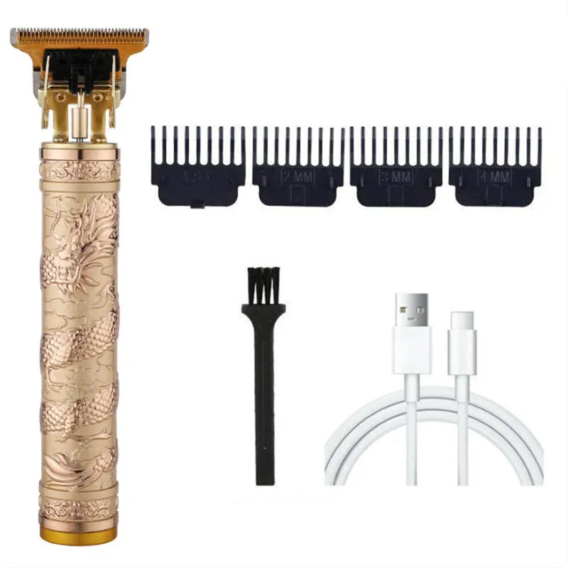 Carved rechargeable electric hair clipper with retro oil head design, 5W copper core motor, and multiple colour specifications.