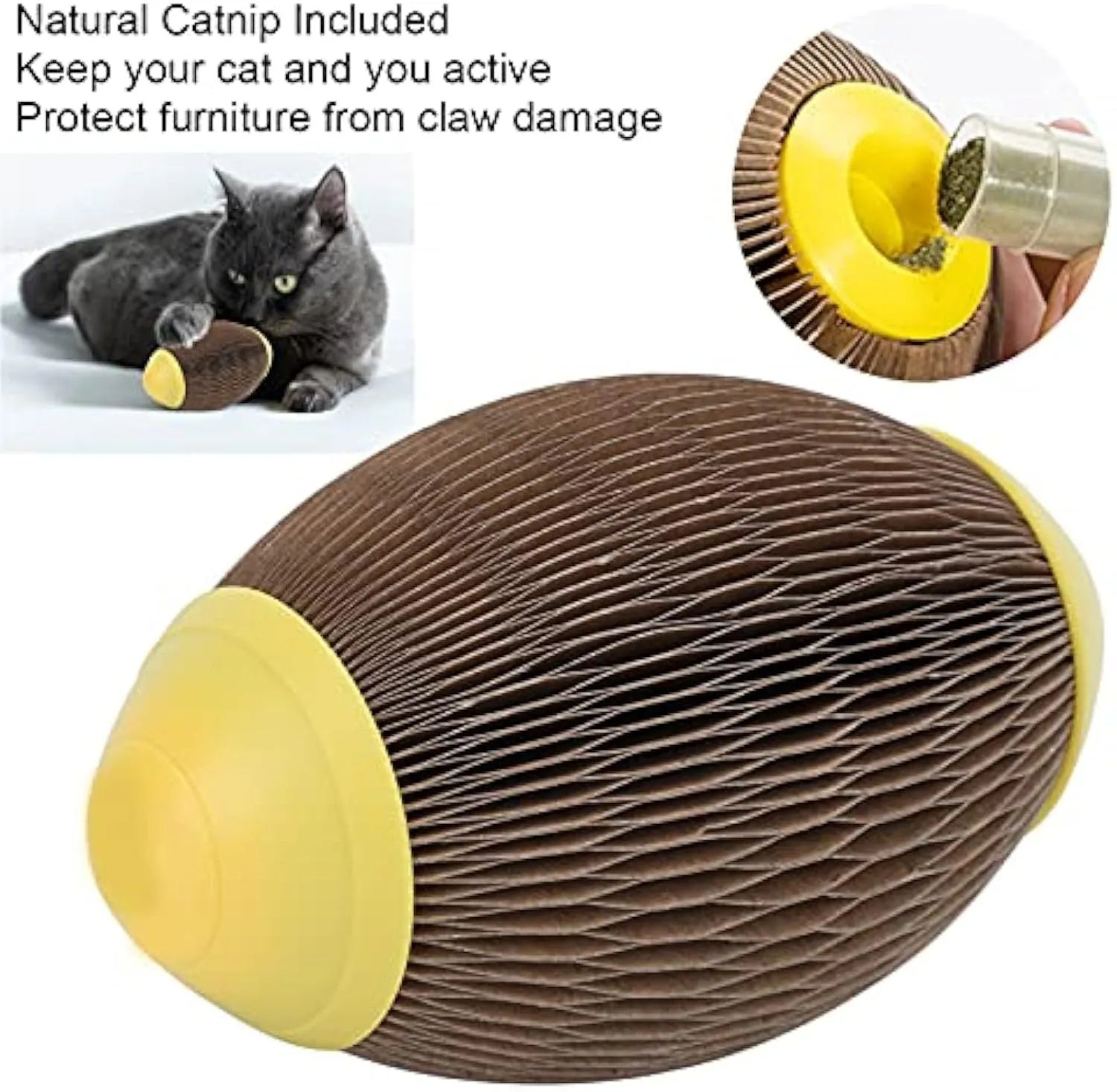 Ellipse shaped corrugated paper catnip ball scratch toy measuring 65mm by 108mm