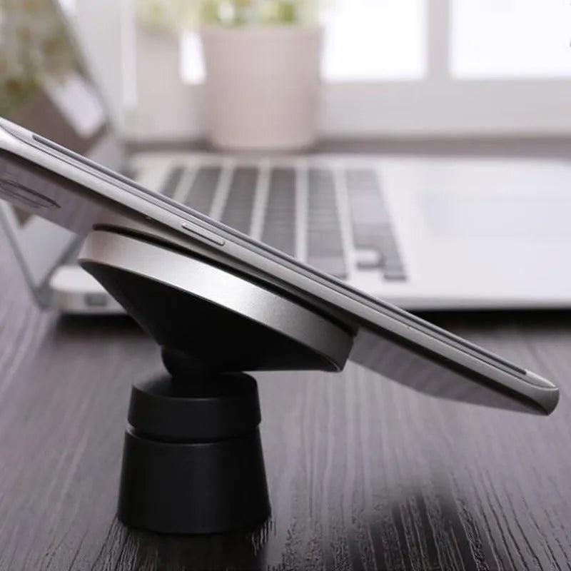 Car magnetic mobile phone holder with 360 degree rotation and wireless charging in black aluminium alloy