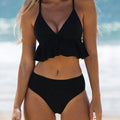 Women's solid colour split bikini swimsuit in black, army green, brick red or blue with sleeveless top