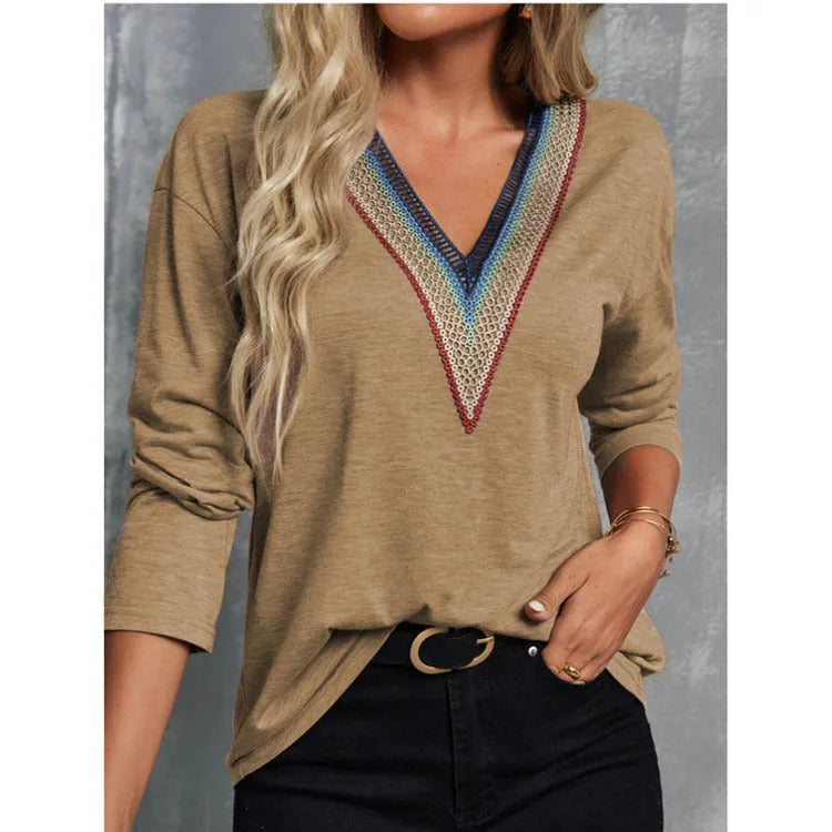 Autumn winter lace spliced V-neck loose long sleeve polyester top in green