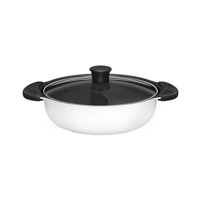 White aluminium alloy two-flavor hot pot with integrated casting and clear glass lid