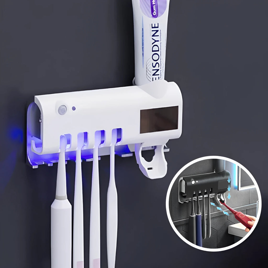 Black intelligent UV toothbrush sterilizer with automatic toothpaste squeezer mounted on a wall