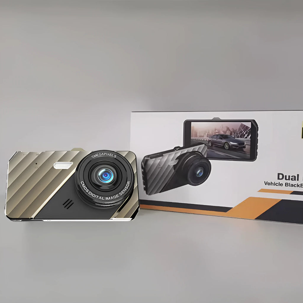 4-inch front and rear dual lens dashcam with touch screen display mounted in vehicle