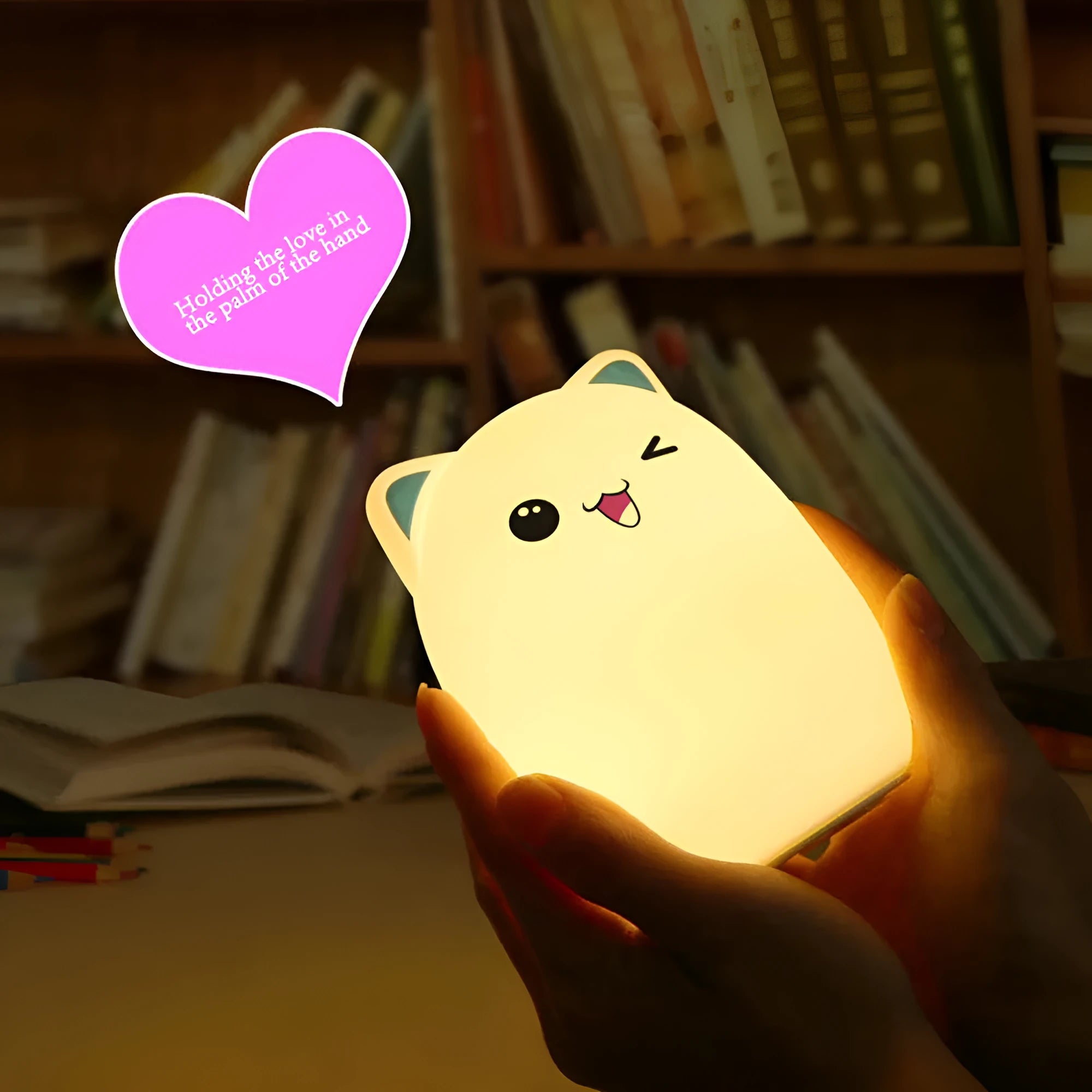 Cartoon silicone clapping night lamp in pink with USB charging cable on a bedside table