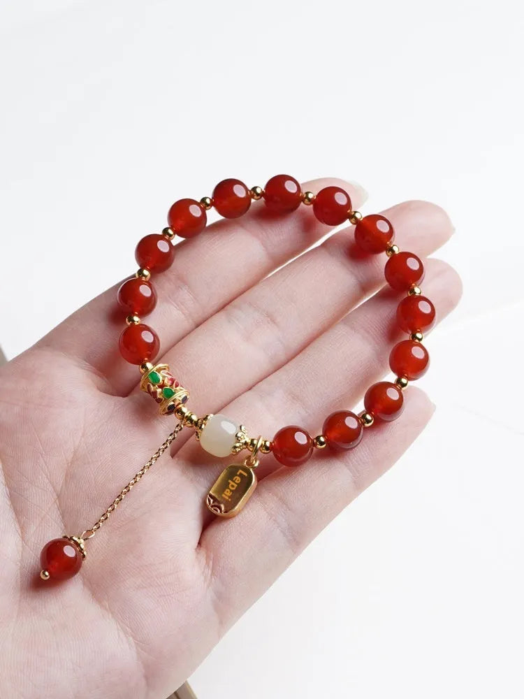 Red agate and Hetian jade beads bracelet with gold plating in three style variations
