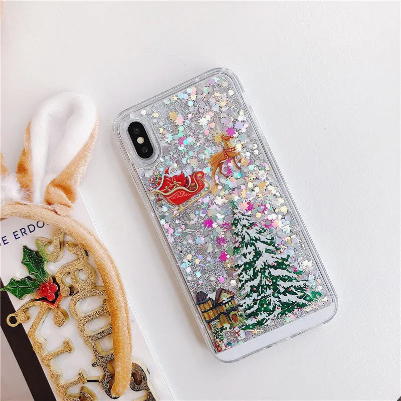 Christmas quicksand design phone case showing Santa Claus and tree patterns through transparent layers