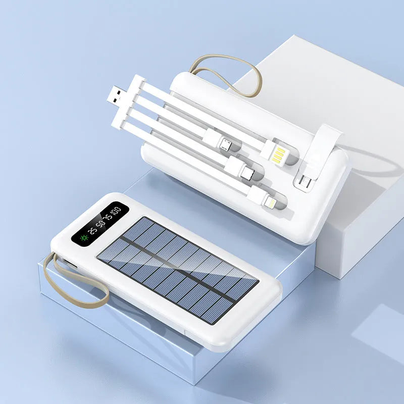 Solar Super Capacity Power Bank in black or white, showing front with solar panel and USB port, dimensions 144mm x 68mm.