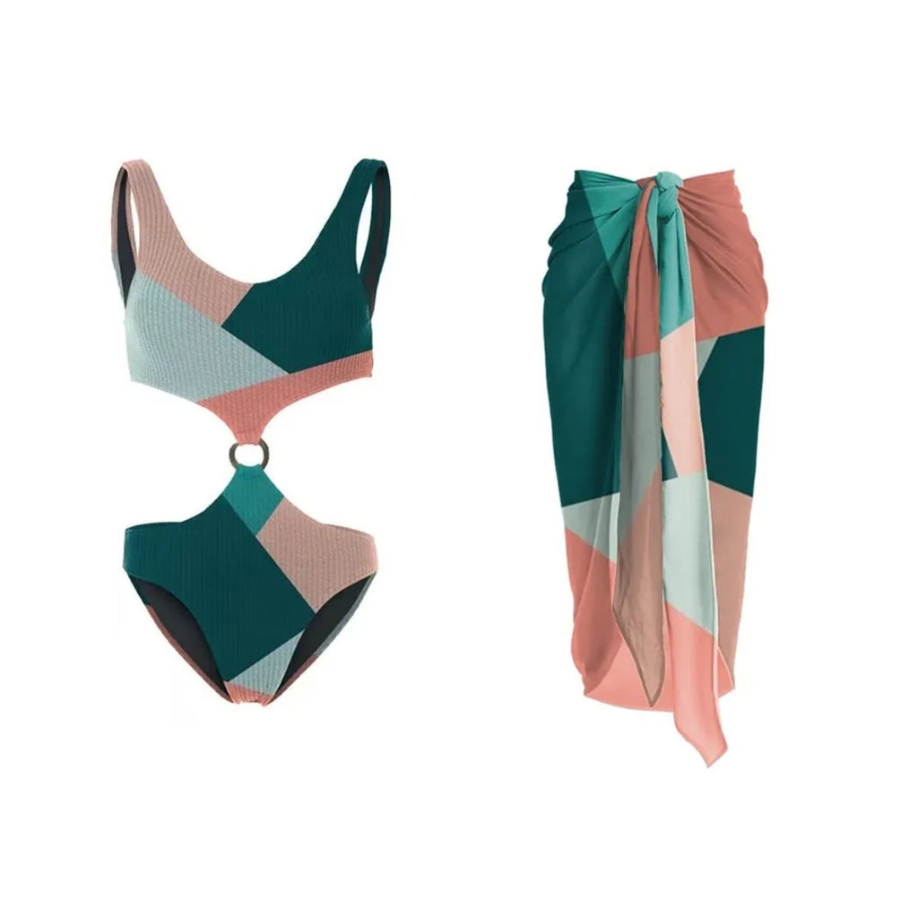 Contrast colour bikini two-piece set with mesh gauze skirt for swimming