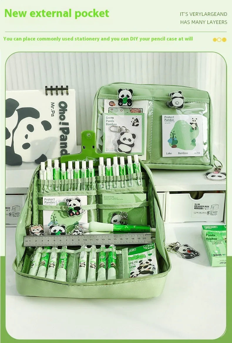 Green canvas pencil case with 12-layer compartmentalised design showing panda-themed Korean style elements