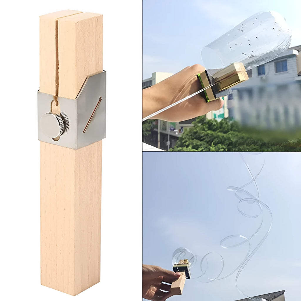 Plastic bottle cutter in log colour, 2.2 by 2.2 by 14 cm, on a table