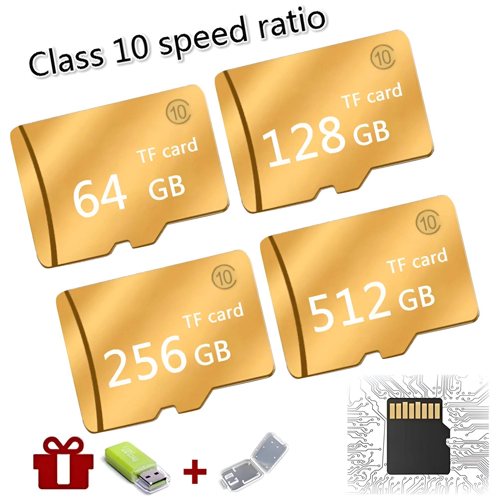 SD memory card Class 4 in gold colour, 512GB capacity, part of M series for digital storage