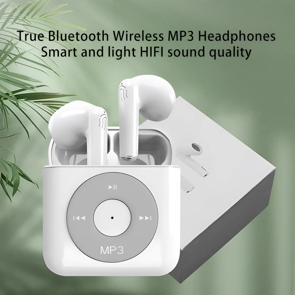 White wireless Bluetooth earphones with semi-in-ear design and a charging case.