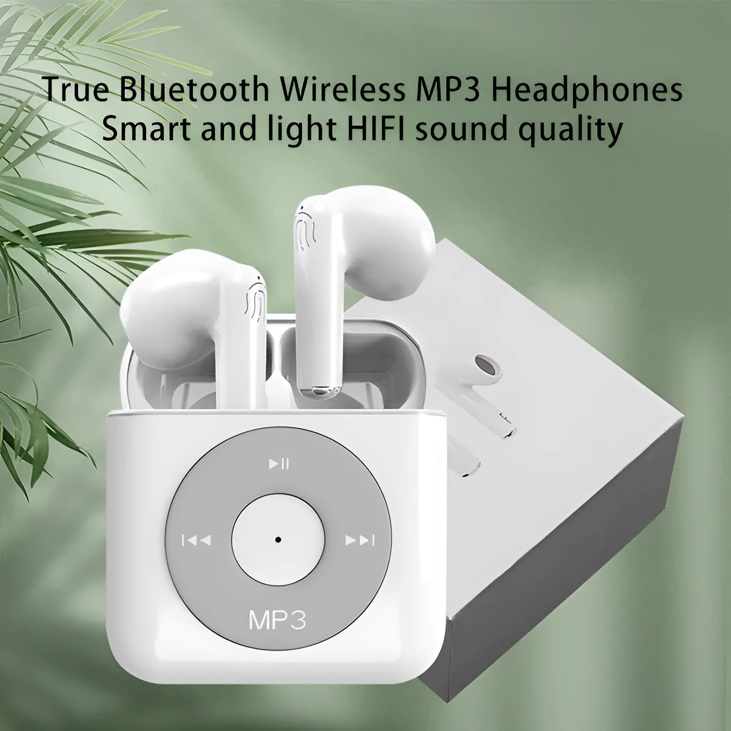 White wireless Bluetooth earphones with semi-in-ear design and a charging case.