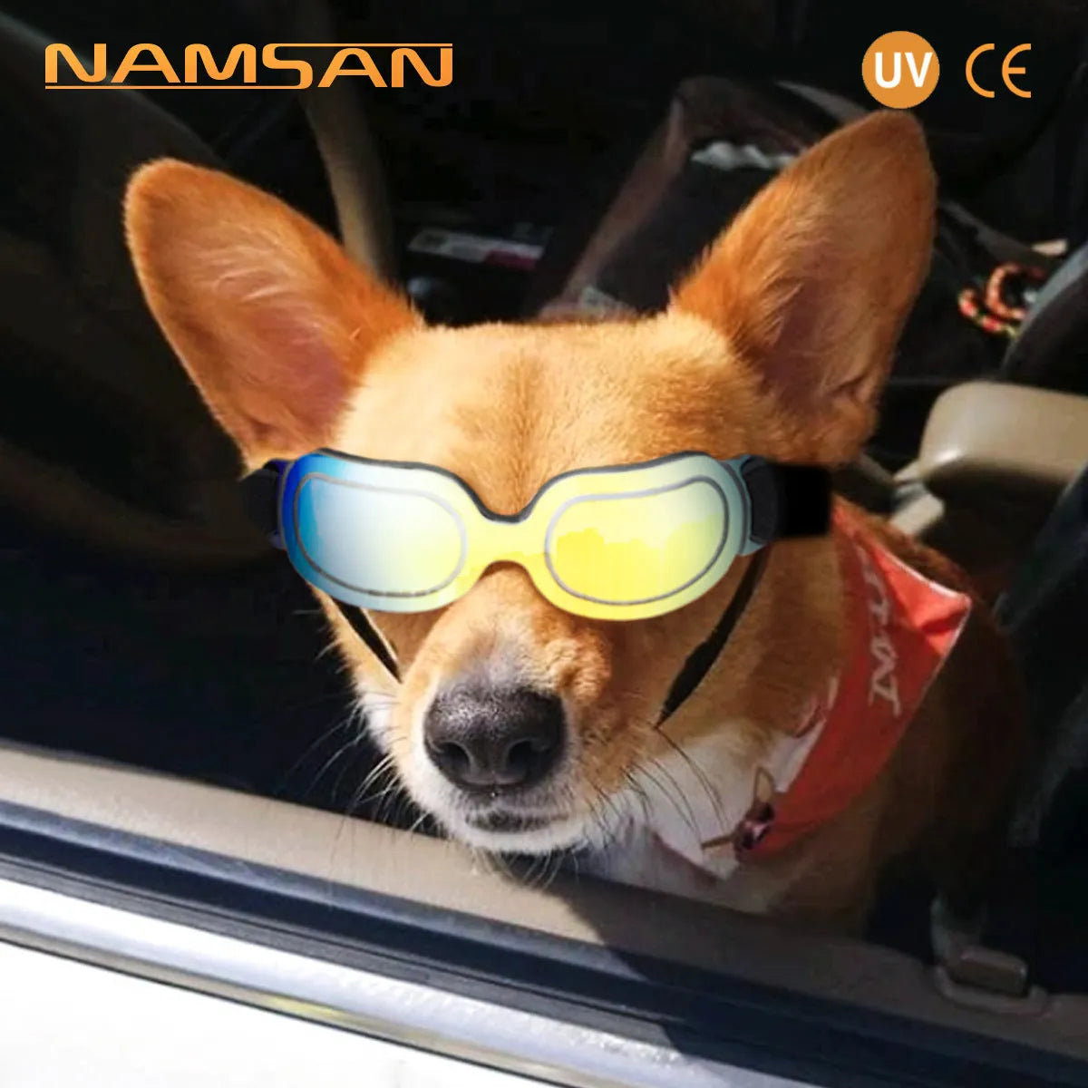 Colourful pet sunglasses for dogs and cats with PC frame, shown in Dazzle, black, blue, and silver colourways