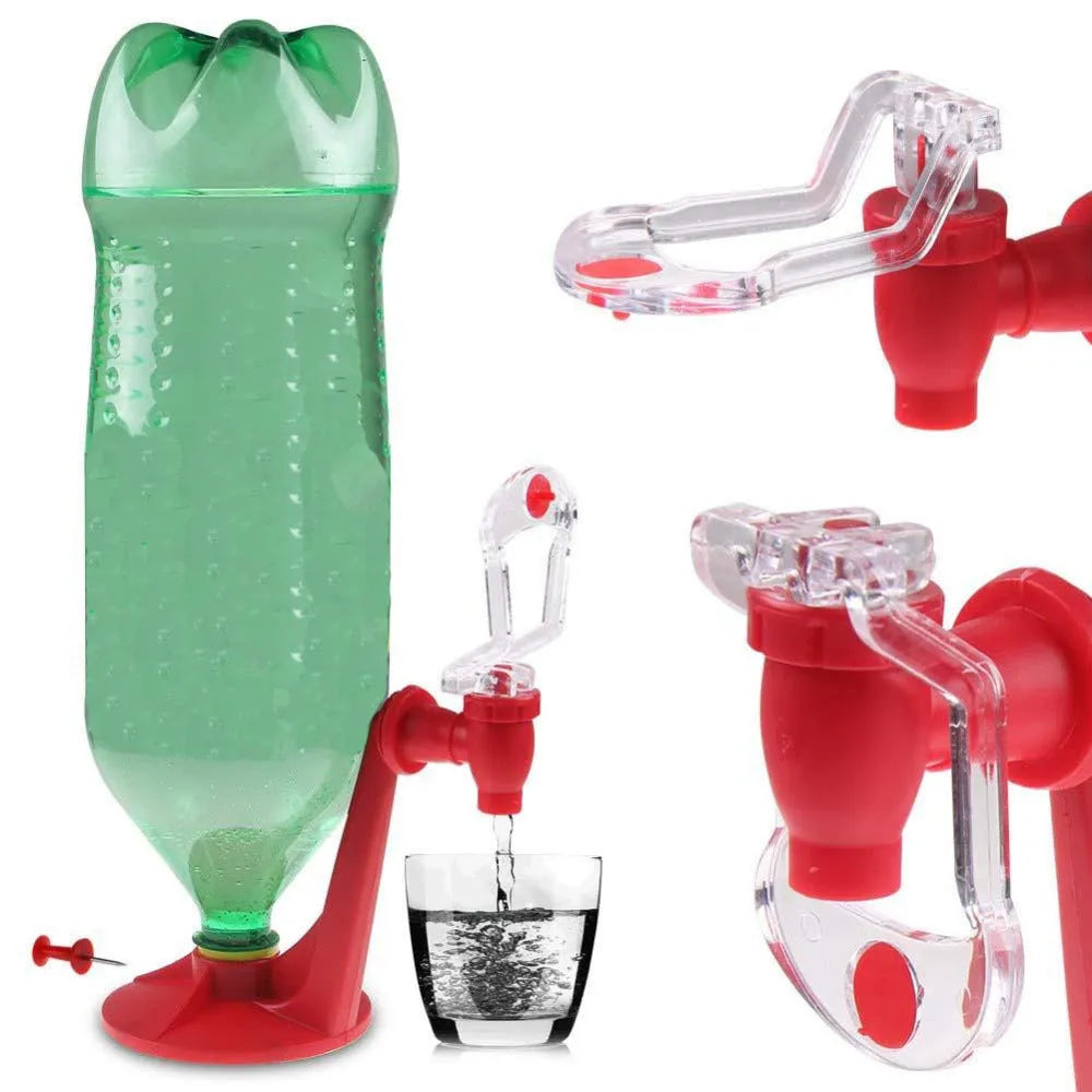 Red plastic Magic Tap soda drink dispenser attached to an inverted 2-litre bottle.
