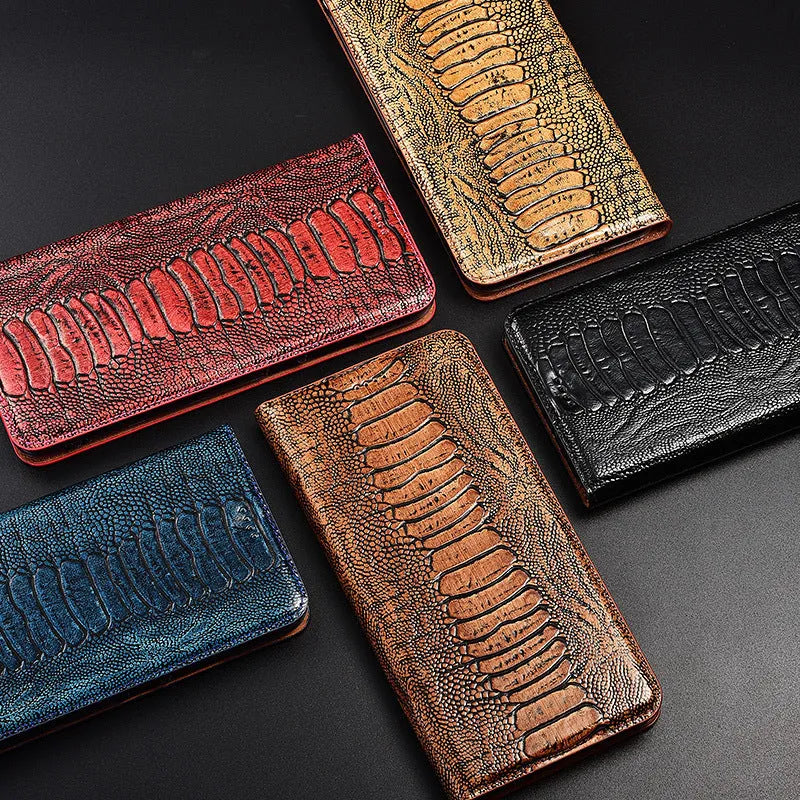 Genuine leather flip phone case for iPhone with embossed texture and magnetic closure