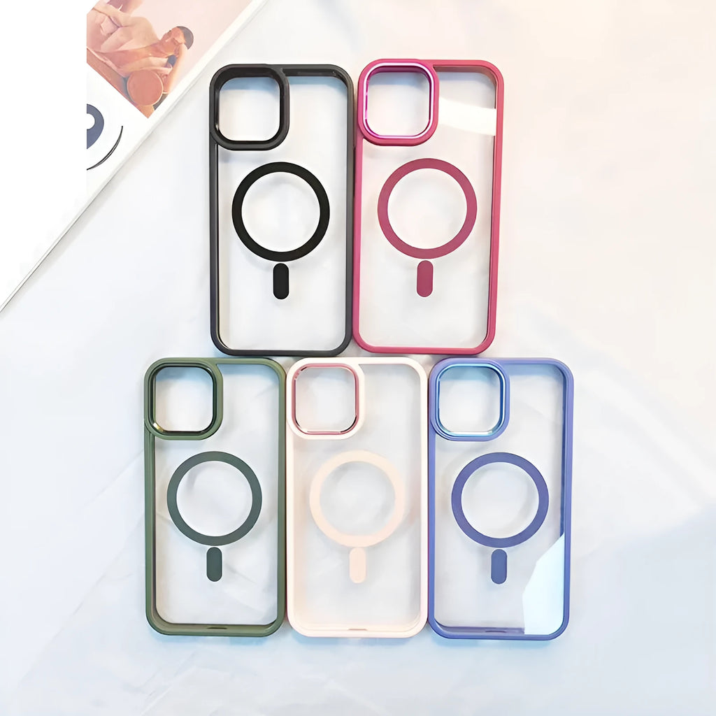 Slim magnetic transparent silicone phone case in plum red colour on an iPhone, showing raised edge for screen protection.