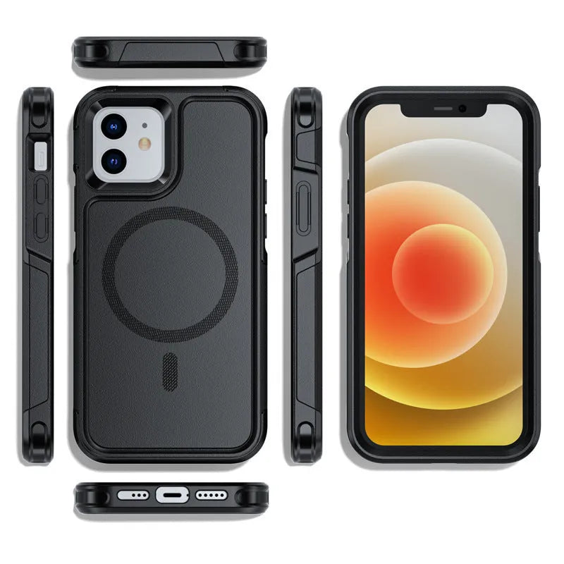 Black shatterproof magnetic iPhone case for iPhone 12 and iPhone 13 models with PC+TPU construction